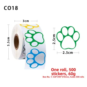 Detailed dimensions of 500-count colorful paw print sticker roll for pets and kids