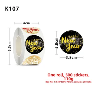 Detailed view of 1.5 inch Happy New Year stickers roll with 3.8cm diameter specifications