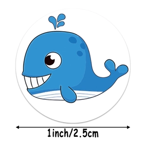 Roll of 1-inch blue whale cartoon reward stickers for kids with 2.5cm diameter mark