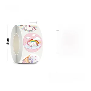 Detailed view of unicorn reward stickers on a 500-count roll with 3.8cm diameter