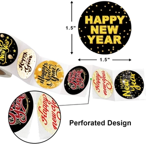 Detailed view of 1.5 inch Happy New Year stickers with perforated easy-tear design line