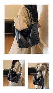 Detailed views of a large black tote bag showing shoulder carry and handheld style