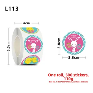 Close-up of Easter stickers with rabbits and eggs, 3.8cm diameter, 500 pieces per roll