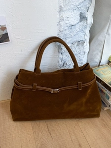 Sac fourre-tout en daim marron rétro avec boucle de ceinture et grande contenance