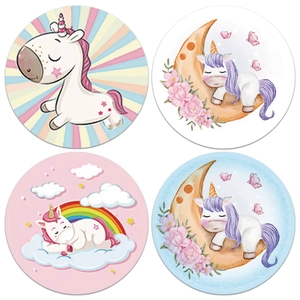 Roll of 500 unicorn reward stickers for kids featuring colorful rainbow cartoon designs