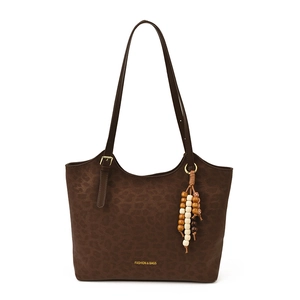 Sac tote vintage marron foncé imprimé léopard avec pendentif perlé et bandoulières fines