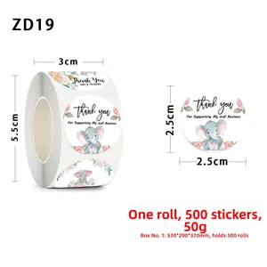 Detailed dimensions of 2.5cm Thank You stickers roll with cute elephant design