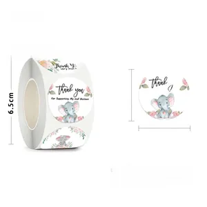 Detail view of 3.8cm watercolor elephant thank you stickers with precise roll dimensions