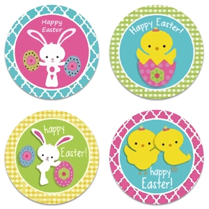 Colorful Happy Easter stickers featuring bunnies and chicks for gift wrapping and DIY crafts