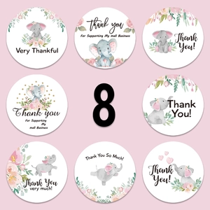 Roll of 8 watercolor elephant thank you stickers with pink floral and leaf decorations