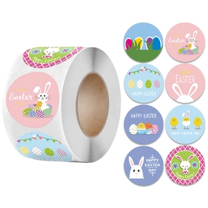 Happy Easter Stickers Round Adhesive Labels Cartoon Bunny Chick Eggs Patterns For Holiday Gift Wrapping DIY Craft Decor