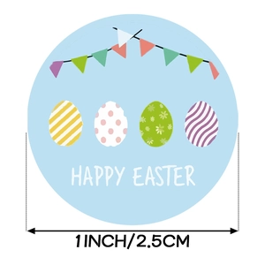 Roll of 1-inch Happy Easter stickers with colorful eggs and festive bunting patterns