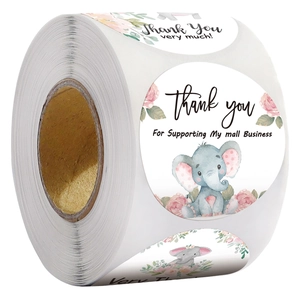 Roll of round thank you stickers featuring cute watercolor elephant for gift packaging