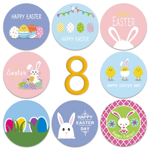 Set of 8 cute Easter stickers with colorful eggs, bunnies and chicks for gift wrapping