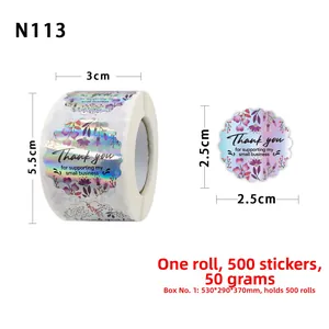 Macro detail of rainbow laser Thank You labels with floral patterns and size markings