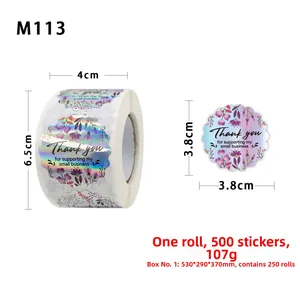 Macro detail of 3.8cm holographic rainbow floral Thank You labels showing roll dimensions