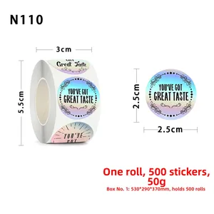 Rainbow holographic thank you stickers with You've Got Great Taste text and 2.5cm size chart