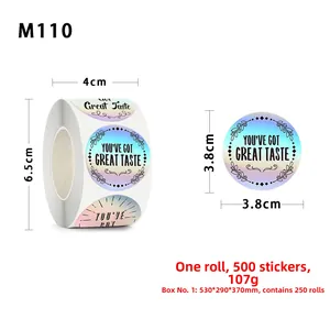 Detail showing 3.8cm rainbow laser thank you roll stickers with exact measurements