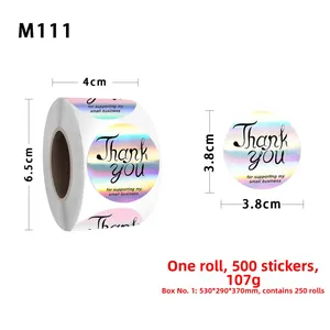 Detail view of 3.8cm holographic Thank You stickers roll with 500 labels for packaging