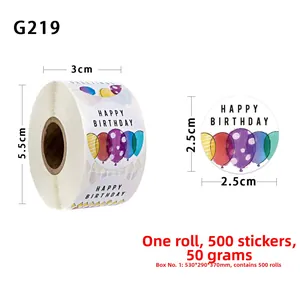 Detail view of 2.5cm Happy Birthday stickers roll with colorful balloons and text