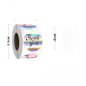 Detailed view of 3.8cm holographic rainbow Thank You stickers with clear size markings