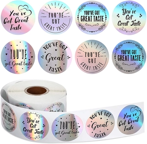 Macro detail of rainbow holographic 'You've Got Great Taste' stickers in eight designs