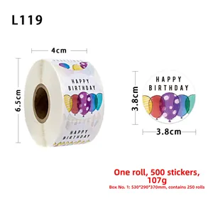 Detailed view of 3.8cm Happy Birthday round stickers roll showing exact dimensions