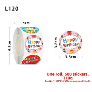 Close-up showing 3.8cm Happy Birthday stickers with colorful hand-drawn icons