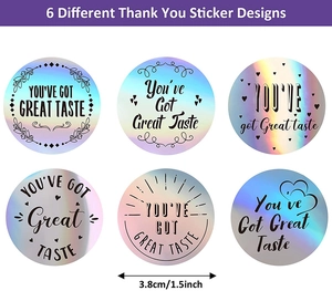 Detail showing 6 holographic rainbow 1.5 inch round thank you stickers for business packaging