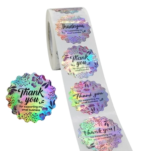 Holographic laser rainbow thank you stickers with purple floral for small business
