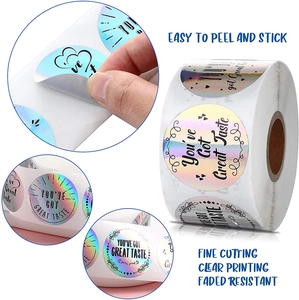 Holographic 3.8cm circular stickers with You've Got Great Taste rainbow text labels