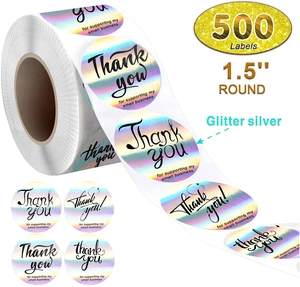 Detail of 1.5-inch round holographic silver Thank You stickers, 500 labels per roll