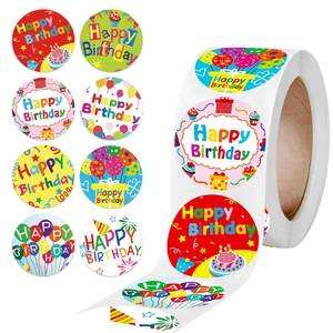 Happy Birthday Round Label Stickers Cartoon Colorful Adhesive Decals For Party Gift Decoration Sealing Coated Paper Sticker