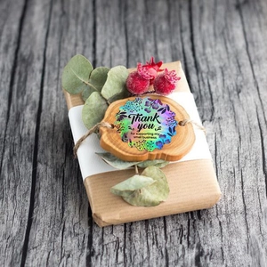 Rainbow holographic 3.8cm circular thank you sticker labels with floral design for packaging