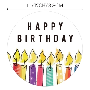 Roll of colorful Happy Birthday stickers with candle illustrations, 1.5 inch round labels