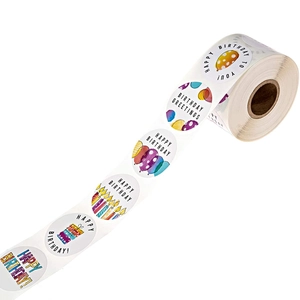 500 Happy Birthday decorative sticker roll with colorful balloons and gift box patterns