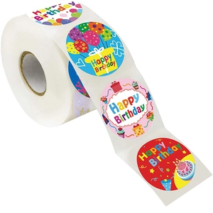 Roll of 500 round Happy Birthday stickers with colorful balloon and cake designs