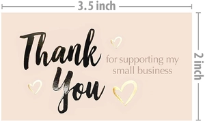 Detail view of pink Thank You card for small business with 3.5x2 inch dimensions