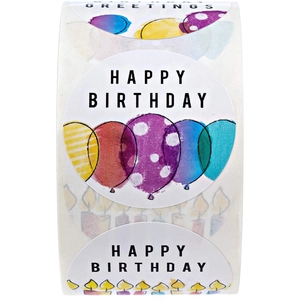 Roll of colorful Happy Birthday stickers with balloons and candles for gift sealing