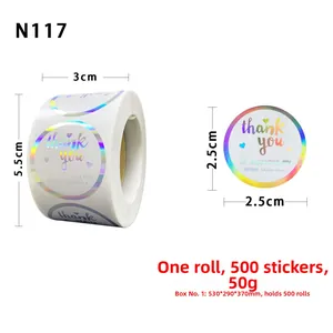 Gedetailleerde maattabel voor holografische Thank You stickers met een diameter van 2,5 cm