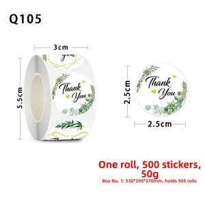 Detail showing 500 floral thank you stickers in a 2.5cm round roll for packaging