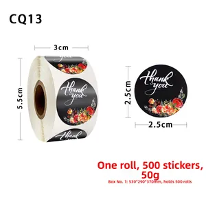 Detail showing dimensions of roll-packed floral Thank You stickers for gift sealing