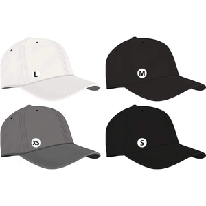 Classic cotton baseball caps in multiple colors with size labels XS S M L displayed in a grid
