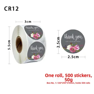 Macro detail of 2.5cm floral thank you stickers showing roll dimensions and labels