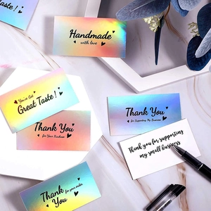 Laser holographic thank you cards for small business with heart and handmade patterns