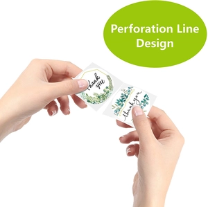 Adhesive thank you labels with green foliage design and functional perforation line