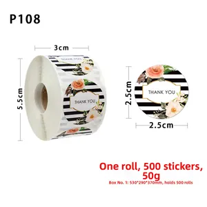 Detail of floral roll stickers with black stripes and Thank You text for packaging