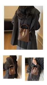 Detailed views of a woven brown leather bucket bag featuring a gold metal clasp and strap