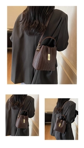 Three-way view of a brown woven leather bucket bag worn by a model in black blazer