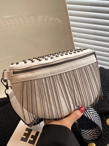Fashion PU Leather Rivet Tassel Crossbody Bag For Women Urban Simple Quilted Moon Shape Saddle Bag Wide Patterned Strap